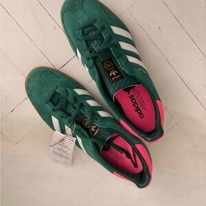Adidas Forest Green Sneakers with White and Pink Accents